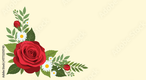A vibrant red rose and delicate white daisies with lush green leaves form an elegant floral corner frame on a soft cream background, perfect for invitations or romantic greetings.