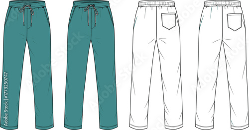 Men’s casual jogger pants, drawstring trousers vector, fashion flat sketch, athletic wear template, comfortable garment design, editable apparel mockup