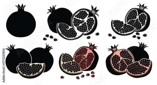 A graphic vector illustration depicting various stages of pomegranates, from whole fruit silhouettes to cut halves with visible seeds and vibrant arils on white.