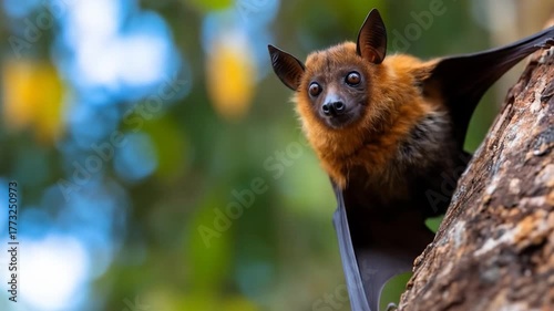 Close up view of a large bat clinging to a textured tree trunk in a natural outdoor environment with blurred green and blue foliage background
