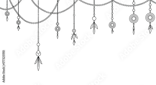 Elegant black and white line art illustration of decorative hanging chains with various ornaments like circles and stylized leaves, forming a graceful upper border on a white background.