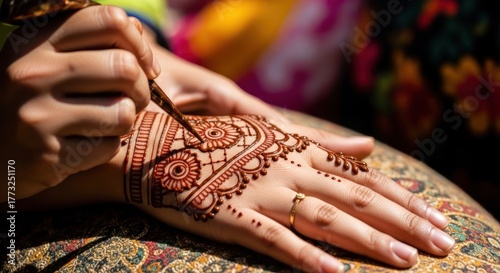 Close-up of hands applying henna design on a