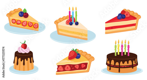 An inviting collection of sweet and colorful dessert items, featuring various slices of fruit-topped pies, tarts, and decorated birthday cakes, perfect for celebrations.
