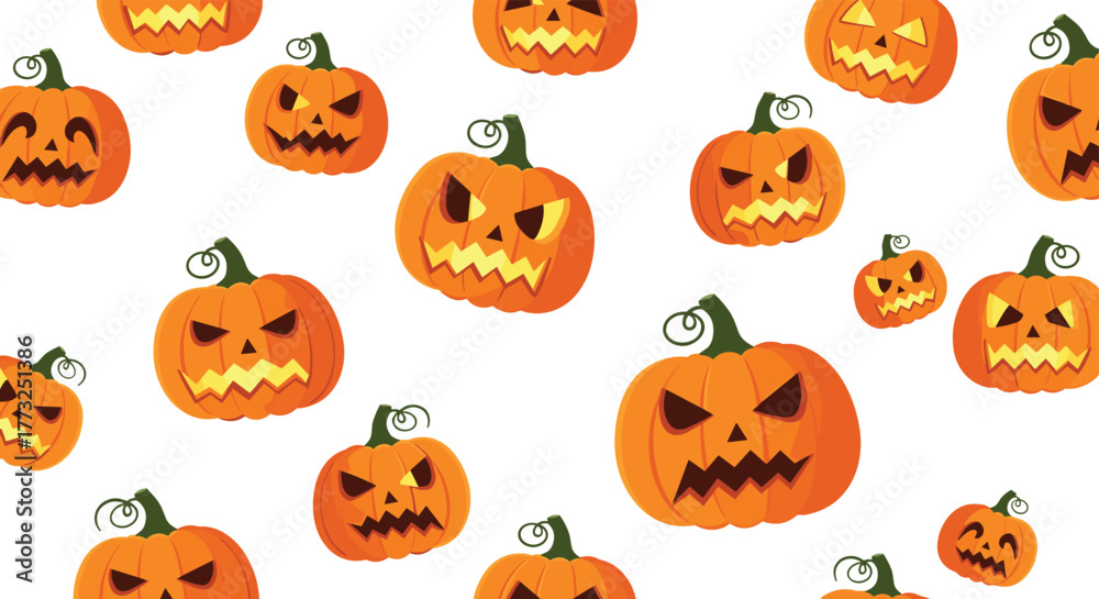 A seamless pattern featuring a variety of orange jack-o'-lanterns with different spooky carved faces, scattered on a white background, ideal for Halloween themes.