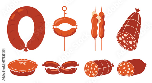 Various types of traditional and grilled sausages, salami, and other processed meat products are depicted in this collection of food icons, set against a clean white background.