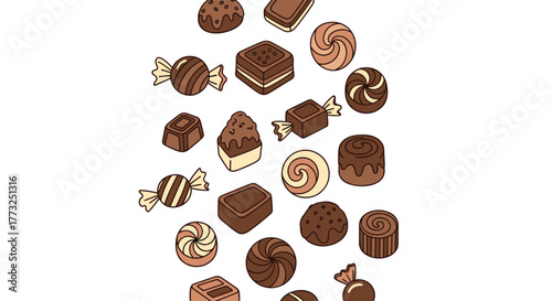 A delightful array of assorted chocolate candies and sweets in various shapes and sizes, forming a charming, seamless vertical pattern on a clean white background.