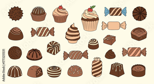 An appealing collection of various chocolate candies, truffles, bonbons, and decorated cupcakes, presented as a sweet and delightful assortment on a light background.