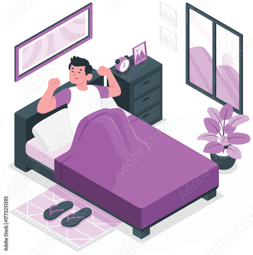 Man waking up stretching in bed with alarm clock vector illustration