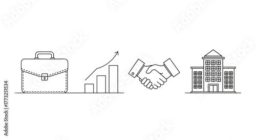 Illustration of business deal, growth chart, and company