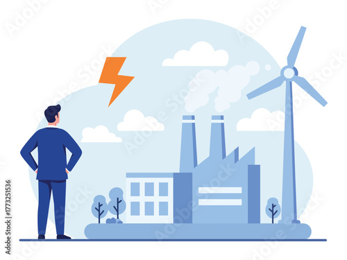 Businessman Looks at Green Energy and Pollution Factory