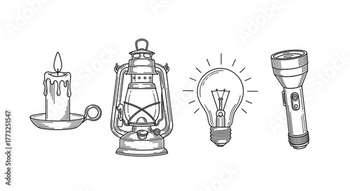 Illustration of light sources candle, lantern, bulb, flashlight