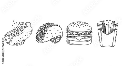 Illustration of hotdog, taco, burger and fries