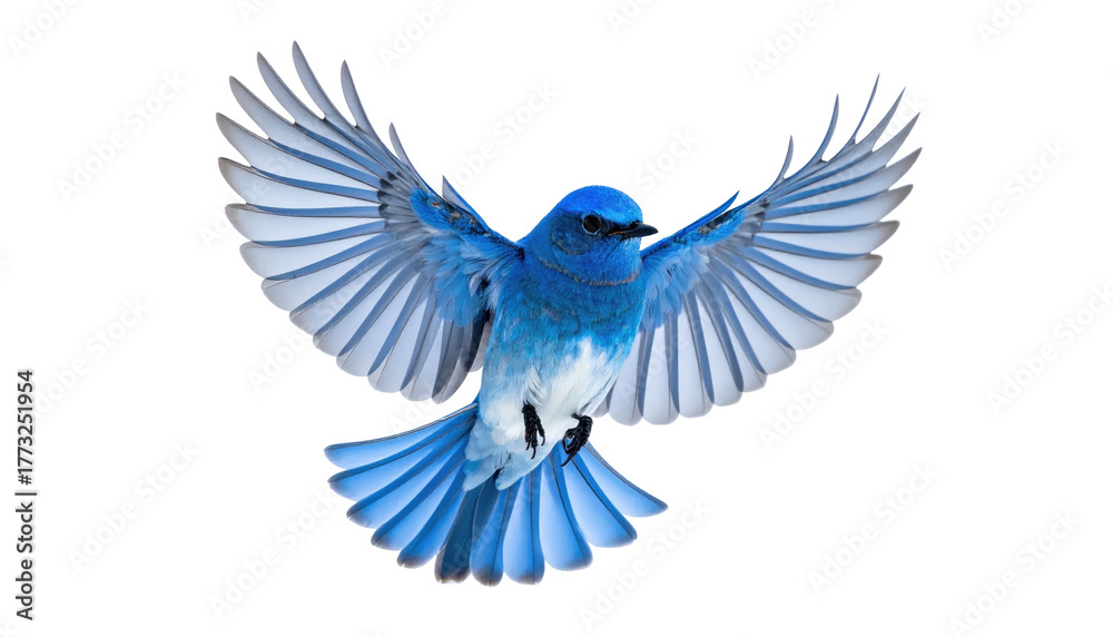 Fototapeta premium Vivid blue bird, wings spread, soars against a black backdrop