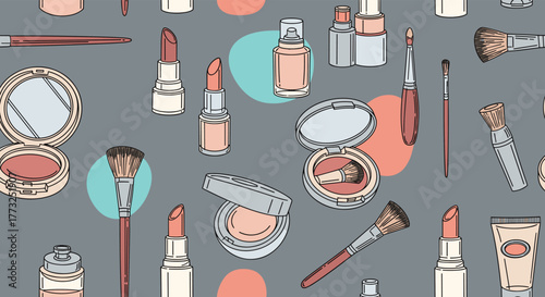 A stylish seamless pattern featuring an array of hand-drawn makeup and beauty products like lipsticks, brushes, and compacts on a grey background.