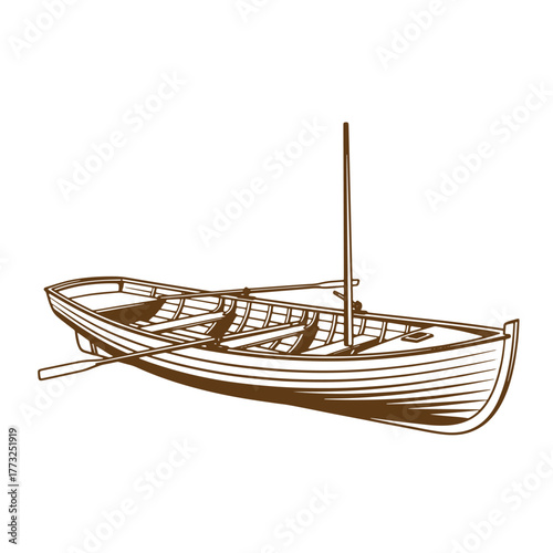 Simple brown line art illustration of a classic wooden rowboat with oars and mast