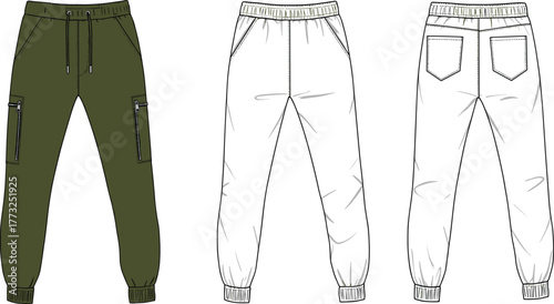 Men’s jogger pants flat sketch, CAD drawing, cargo pockets, elastic waistband, drawstring, ankle cuffs, vector template, garment design, technical illustration