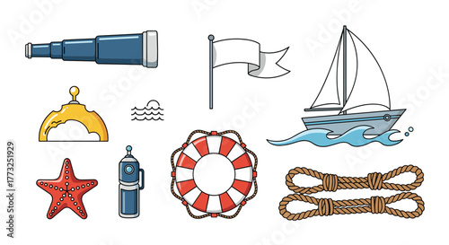 A vibrant collection of hand-drawn nautical illustrations, showcasing essential maritime items such as a sailboat, spyglass, life preserver, flag, starfish, and ship ropes.