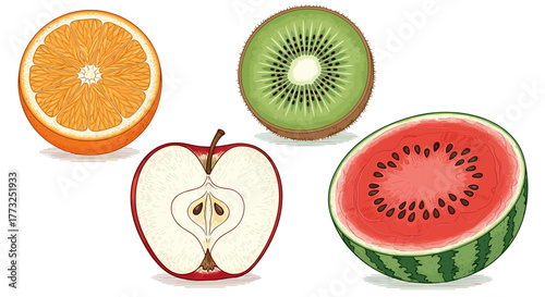 Halved fruits, including orange and watermelon