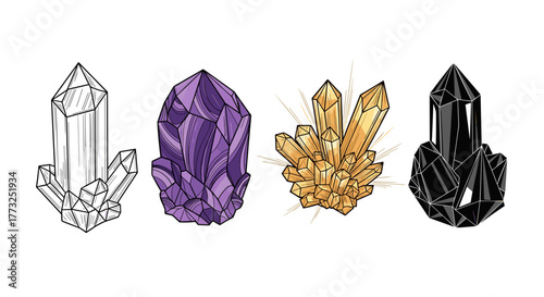 Various crystal formations, including amethyst