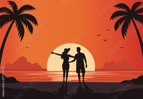 Couple Silhouette Sunset Beach Tropical Vacation Flat Vector Illustration
