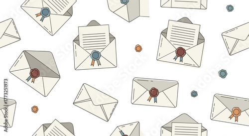 A charming seamless pattern of hand-drawn envelopes, some open revealing letters, others sealed with vintage wax stamps, illustrating classic correspondence and communication.