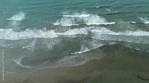 Aerial top-down view reveals waves rolling onto dark sand with white foam bands and color shifts from deep blue to amber in Little Siargao ng Puerto, Apurawan, Aborlan, Palawan.