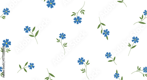 Seamless pattern featuring delicate blue flowers with small green leaves and stems, scattered on a clean white background, perfect for textiles or digital designs.