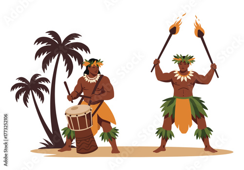 Polynesian Tribal Performers Drummer and Fire Dancer Tropical Vector Art