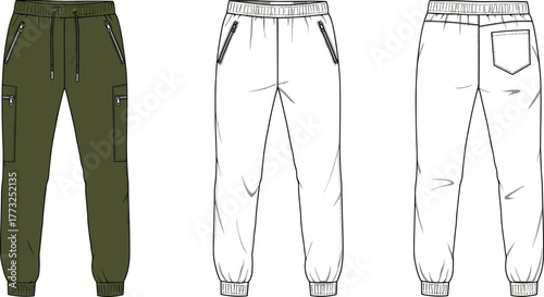 Men’s jogger pants flat sketch, CAD drawing, zippered pockets, elastic waistband, drawstring, ankle cuffs, vector template, garment design, technical illustration