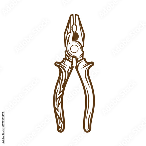 Vintage art illustration of a brown plier tool for crafts and repair work on white background