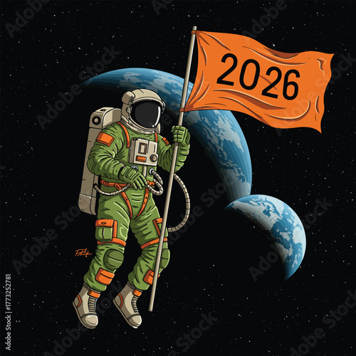 Astronaut Explorer Floating in Space Holding 2026 Flag Illustration