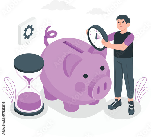 Man with piggy bank and clock symbolizing time and savings money