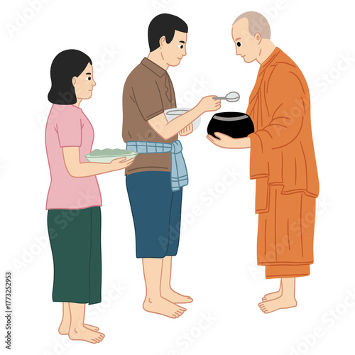 A colorful, simple illustration of a man and a woman performing alms offering (Tak Bat) to a Buddhist monk holding an alms bowl. This graphic is perfect for projects on Thai culture.