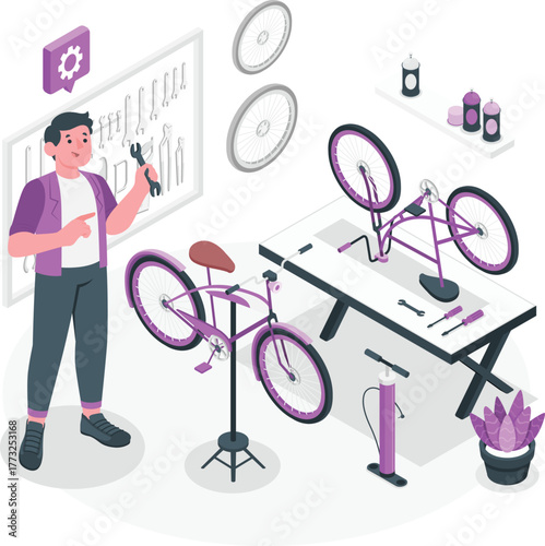 Man with wrench working on purple bicycle in workshop repair mechanic