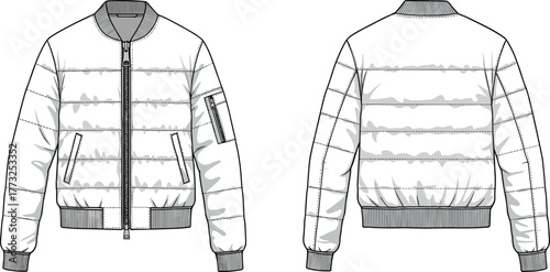 Men’s puffer bomber jacket, quilted winter coat vector, fashion flat sketch, warm outerwear design, technical garment illustration, editable apparel mockup