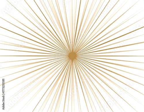 Abstract golden sunburst pattern with emanating rays, creating a dynamic visual effect of expansion and light on a pristine white canvas, ideal for backgrounds and decorative elements