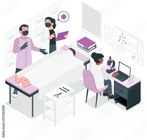 Medical professionals in lab coats and masks examine patient on examination table with