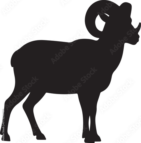 Black silhouette of a bighorn sheep with large curved horns standing profile view white background
