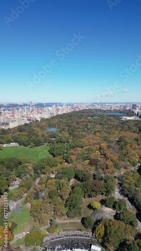Drone starts above Central Park then reverses behind Manhattan buildings revealing skyline