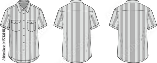 Men’s short sleeve striped button up shirt technical flat vector with chest pockets front and back views apparel CAD template