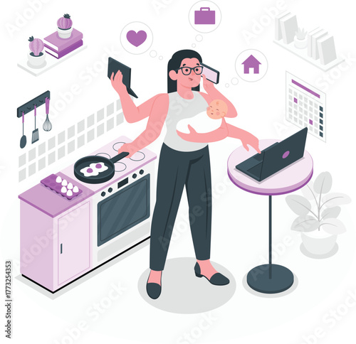 Multitasking mother juggling work and childcare in kitchen parent