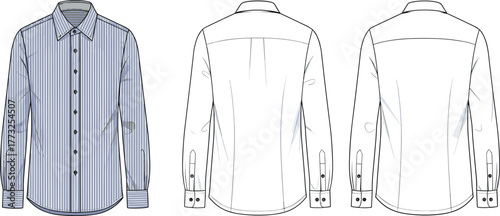 Men’s striped dress shirt, long sleeve button up, fashion flat sketch, vector apparel template, formal clothing design, garment illustration, editable mockup