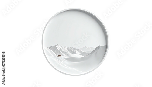 Snowy mountain landscape contained in a plate, minimalist design