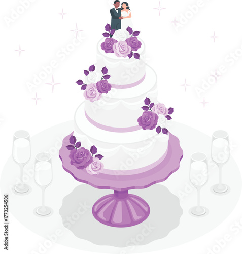 Multi-tiered wedding cake with bride and groom topper celebration event