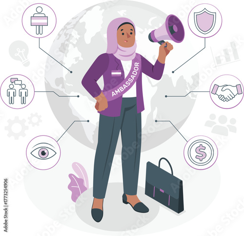 Muslim woman ambassador with global connections and business icons hijab megaphone