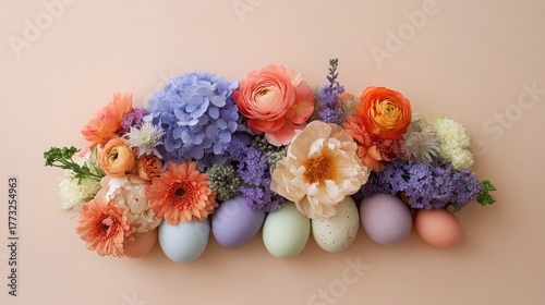 Colorful Spring Arrangement with Eggs and Vibrant Floral Display