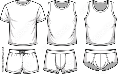 Men’s underwear fashion flat, CAD technical drawing, boxer briefs template, tank top design, vector clothing sketch, apparel illustration, garment mockup design