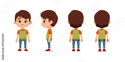 Cartoon Boy Character Design Turnaround – Front, Side, and Back View Vector Illustration