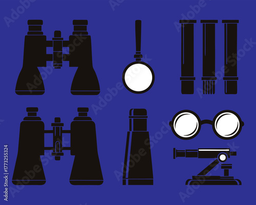 Optical Instrument Silhouette Set – Binoculars, Microscope, Magnifier, Scrolls, Monocular, and Glasses for Science Merch and Education