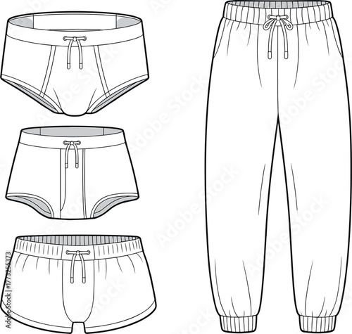 Men’s underwear flat sketch, boxer shorts vector, jogger pants technical drawing, fashion apparel CAD, clothing design illustration, silhouette
